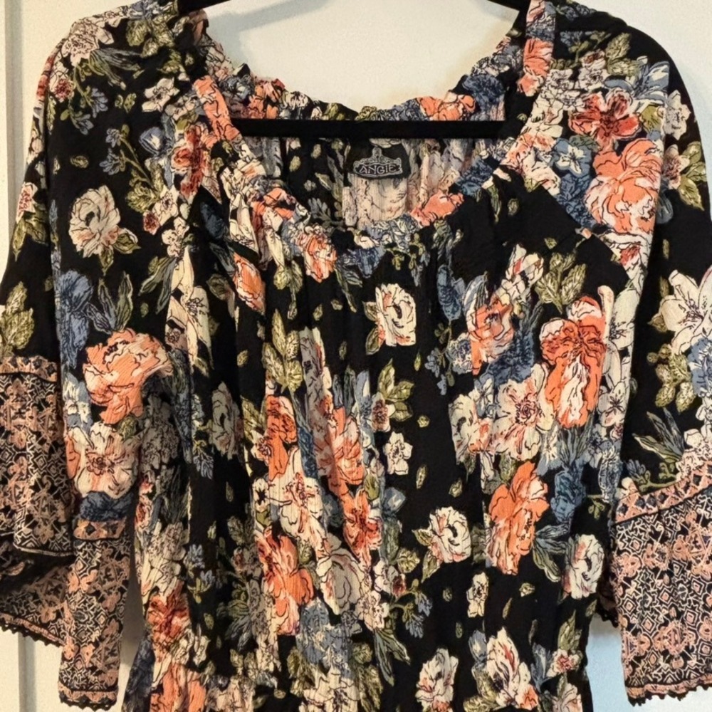 Angie Festival Floral Romper Crochet Lace Trim‎ Bell Sleeve Off Shoulder M Boho - Picture 2 of 16